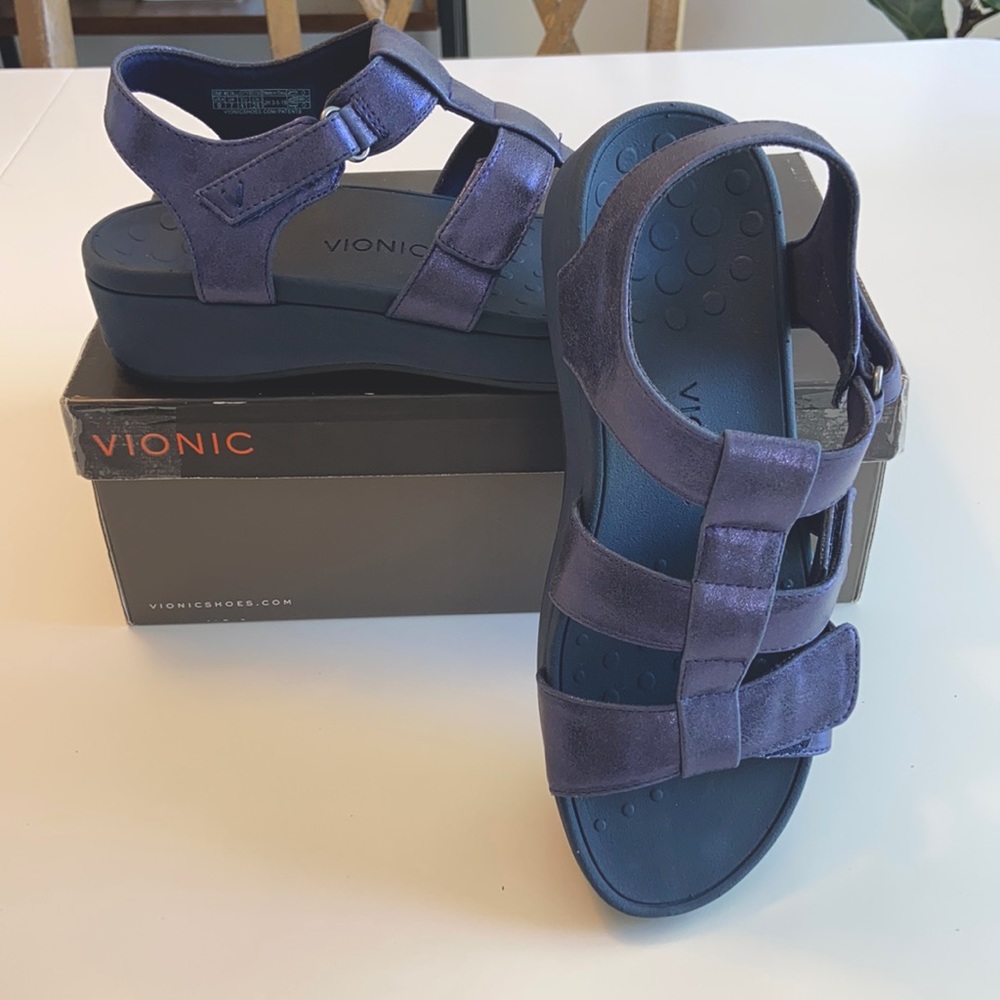 NEW in box! Women’s VIONIC Blue Metallic sandals. SZ 9 Podiatrist designed.
